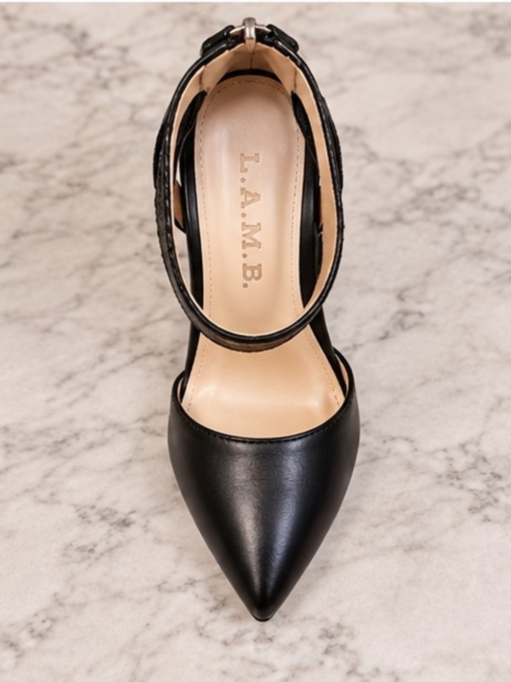 Classic Black Leather L.A.M.B. Pointed-Tip Ankle-Strap Stiletto Heels - Women's - Picture 3 of 4